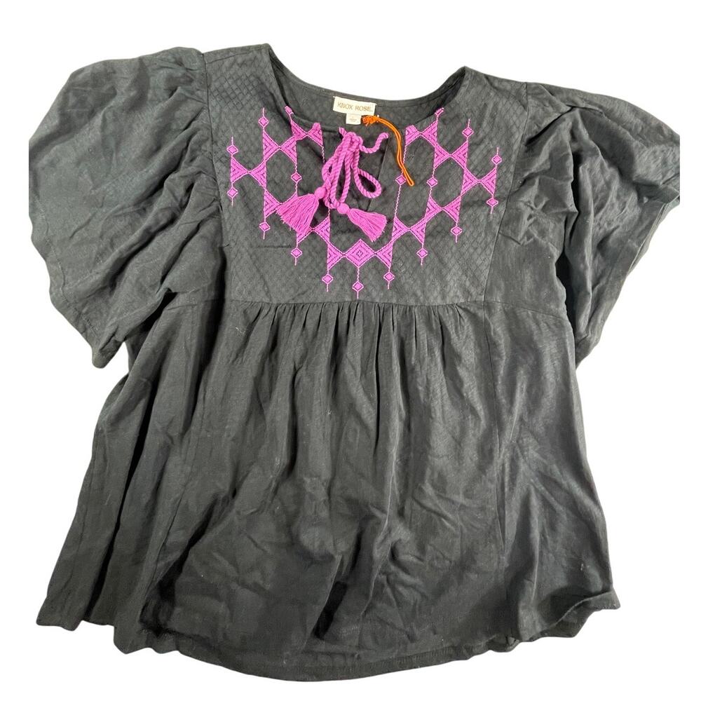 Knox Rose Shirt Women Large Black Boho Cottagecore Short Sleeve Embroidered NWT